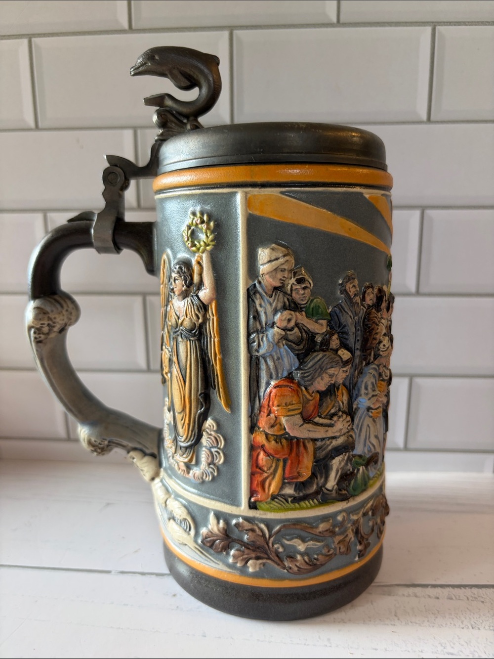 Decorative Ceramic Relief Stein in Gray and Gold-Tone Limited Edition